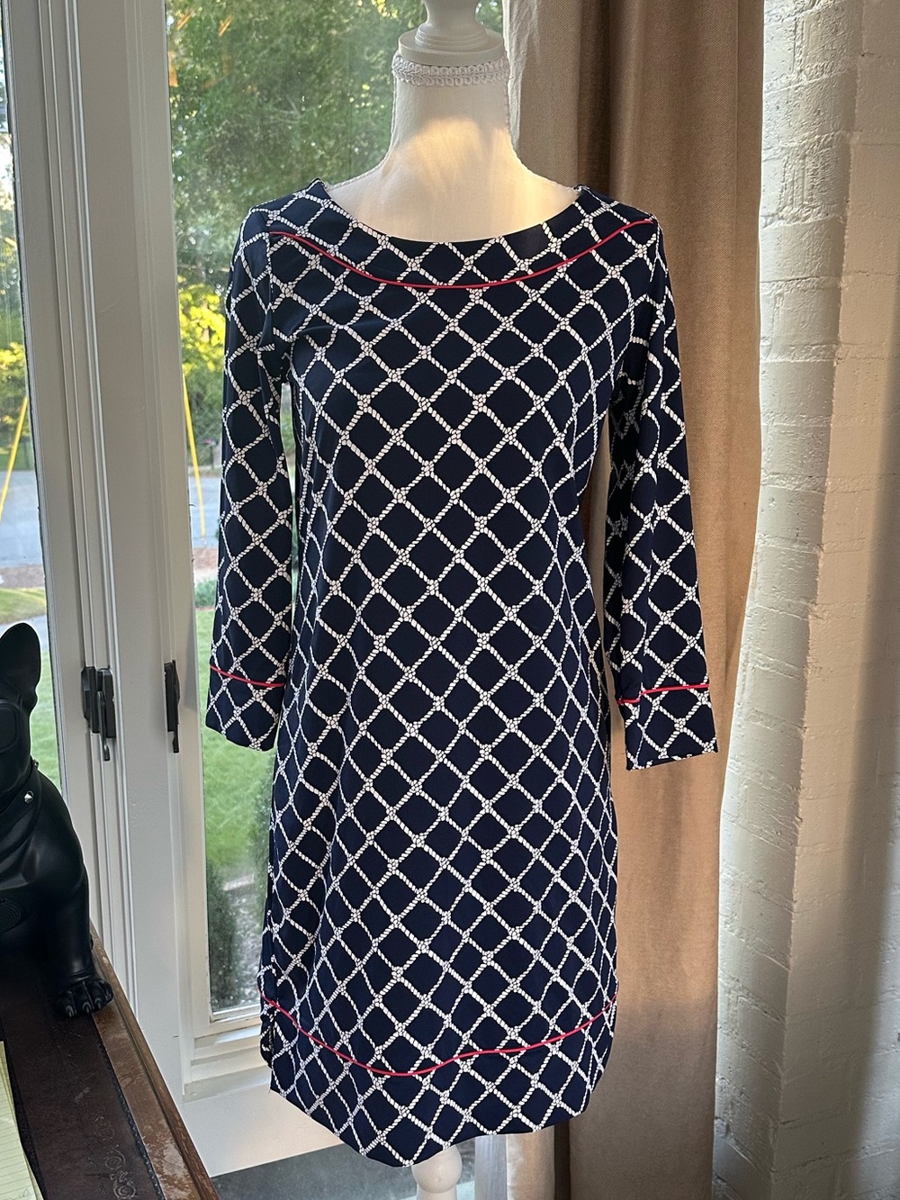 Lands' End Navy Rope-Lattice Shift Dress with coral piping